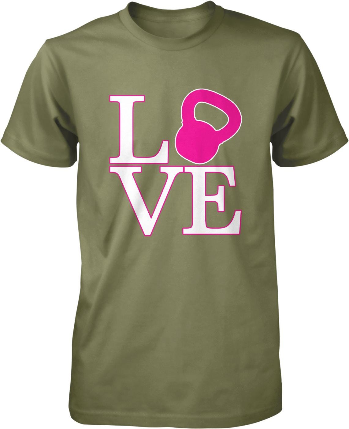 A green t-shirt with the word "LOVE" printed on it, along with a pink kettlebell graphic.