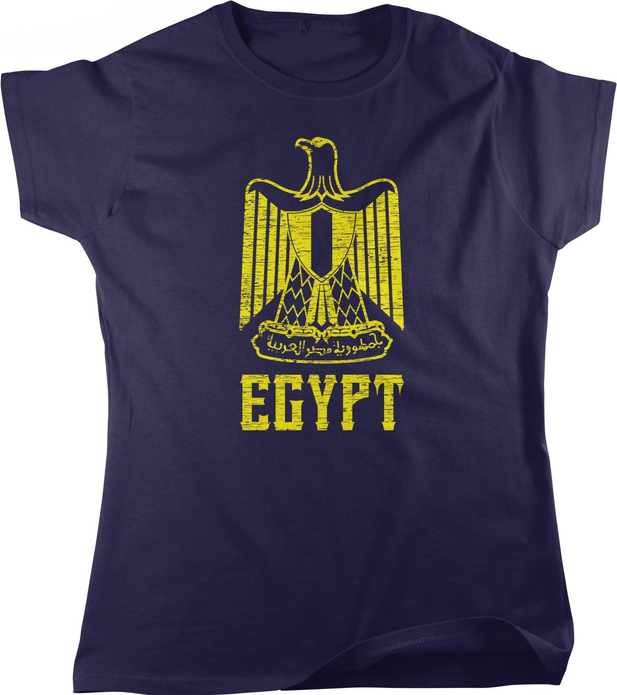 A navy blue t-shirt with a yellow graphic design depicting the Egyptian flag and the word "EGYPT" printed on it.