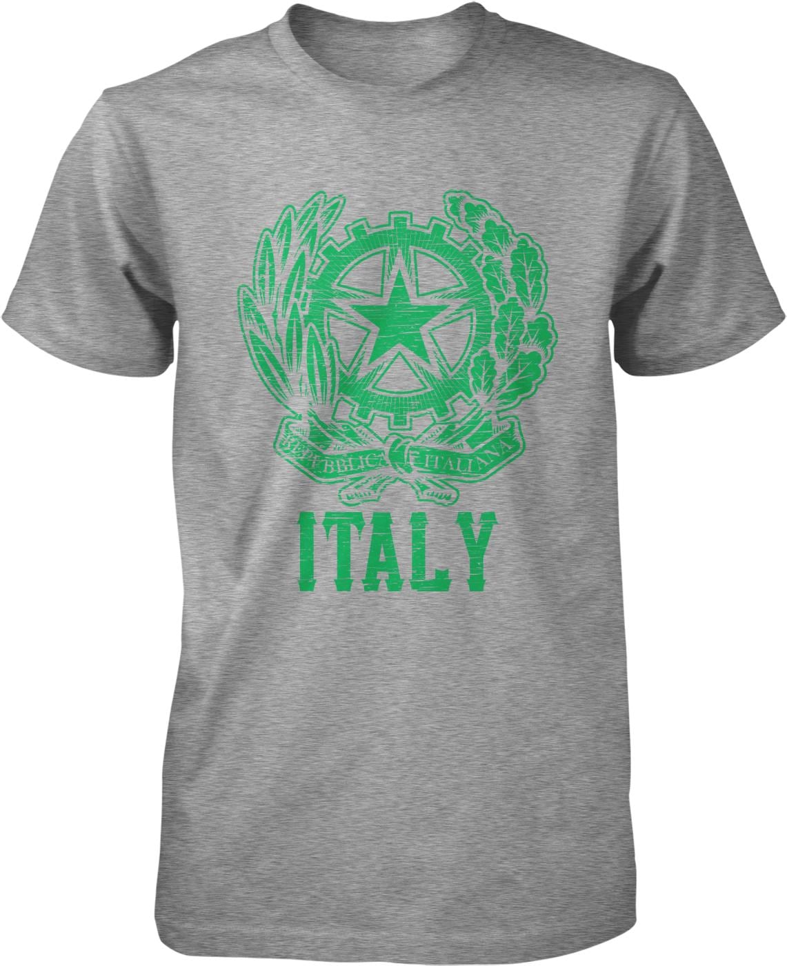 A gray t-shirt with a graphic design featuring a green star and laurel wreath, along with the text "ITALY" printed below.