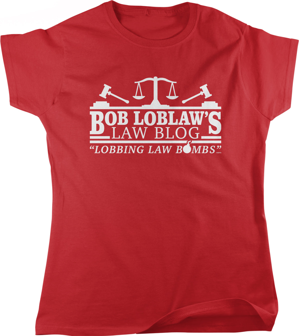 A red t-shirt with white text and graphics printed on it.
