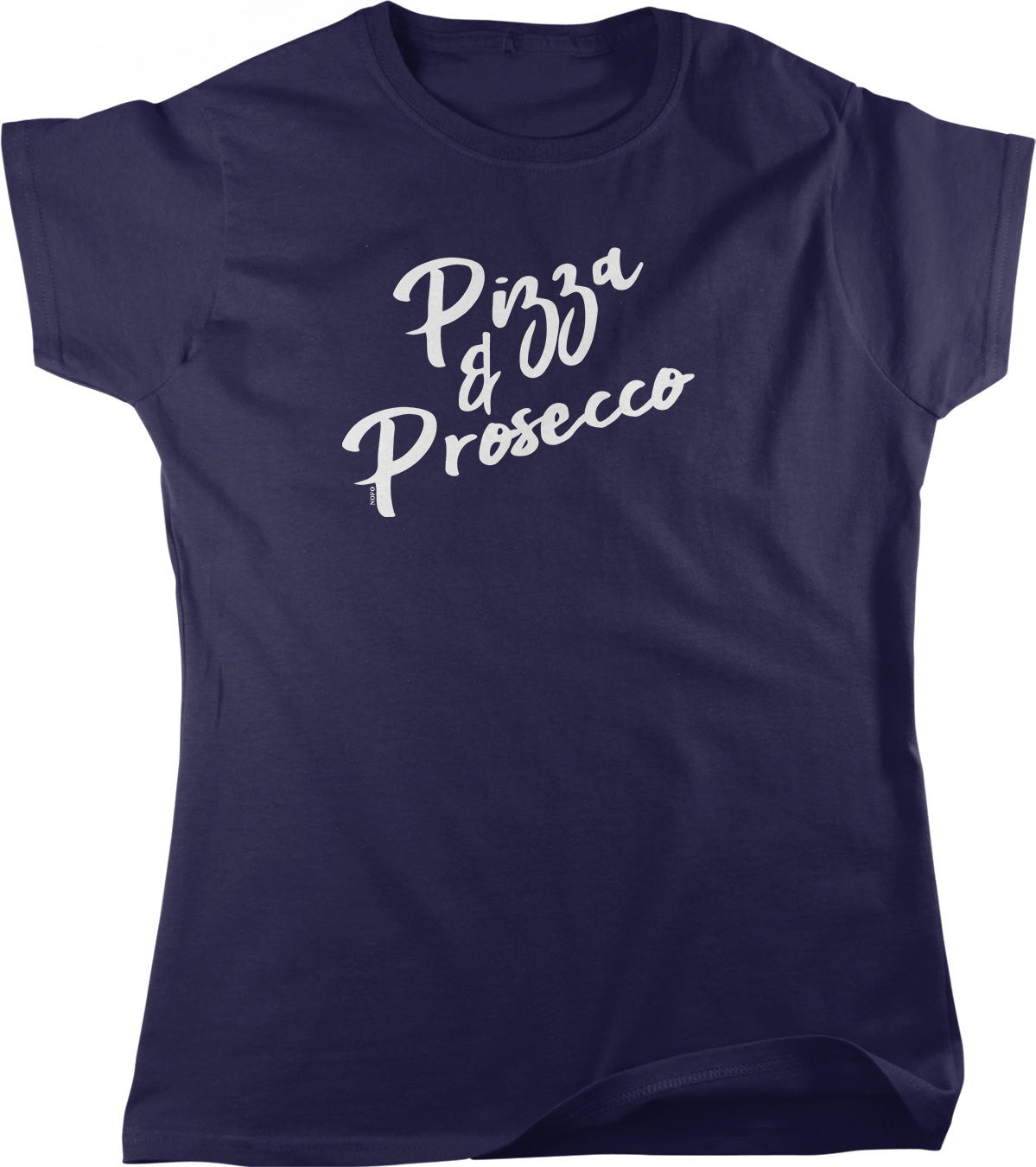 A navy blue t-shirt with the text "Pizza & Prosecco" printed on it in white lettering.