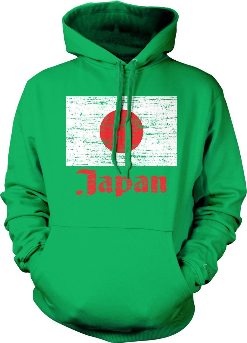A green hoodie with a graphic of the Japanese flag and the word "Japan" printed on it.