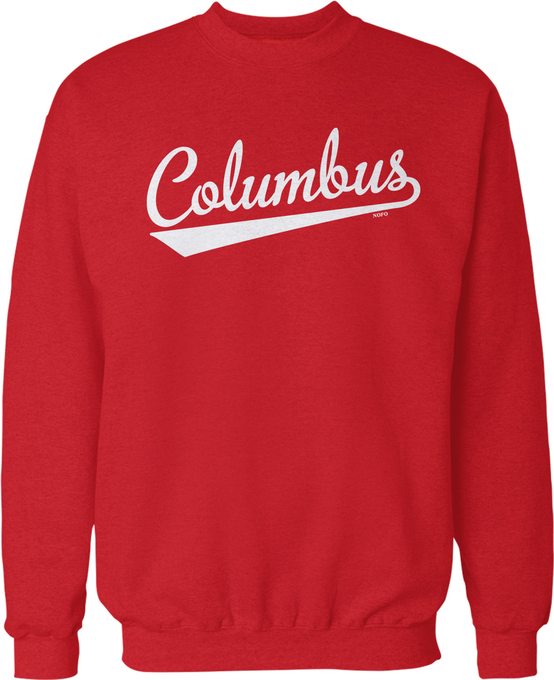 A red sweatshirt with the word "Columbus" printed in white text across the front.