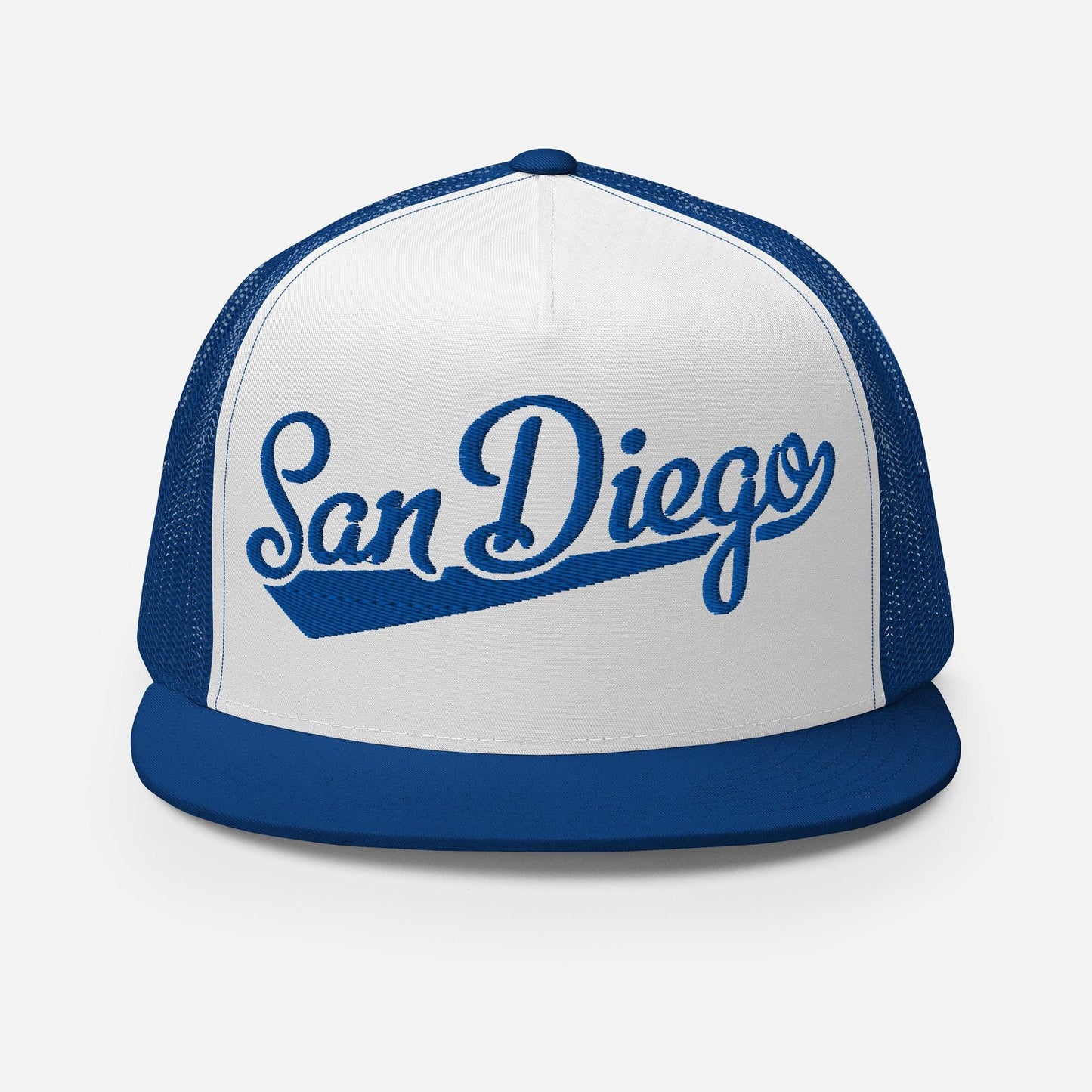 Snapback Trucker Hat - San Diego Script Baseball Five Panel Cap With Breathable Mesh