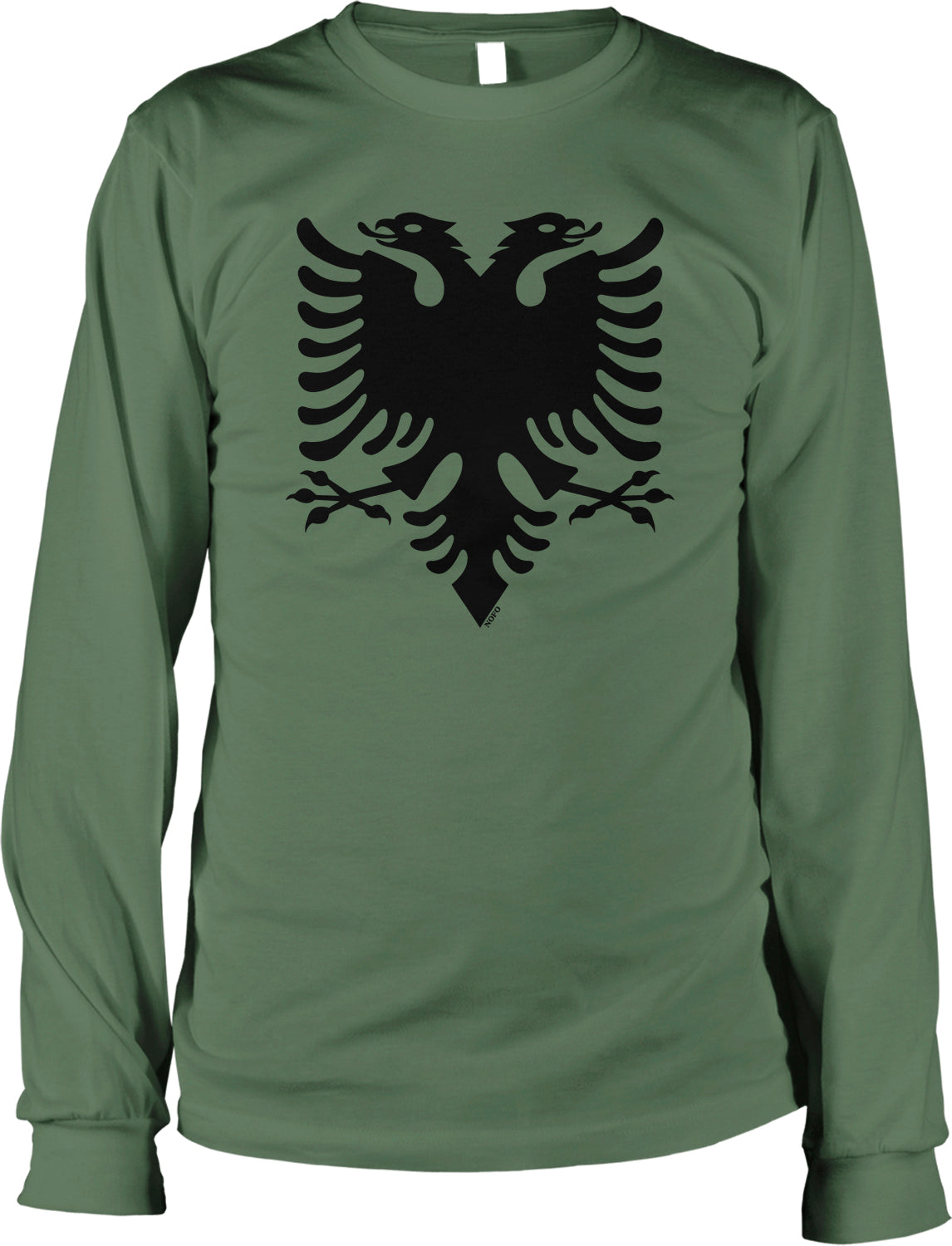 A long-sleeved olive green t-shirt with a black graphic design depicting an eagle with outstretched wings.