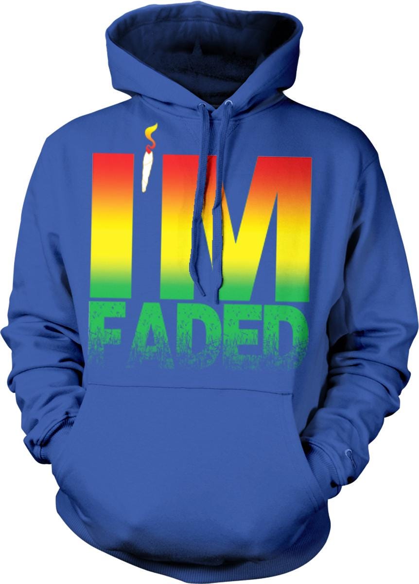 A blue hoodie with a large graphic design on the front.