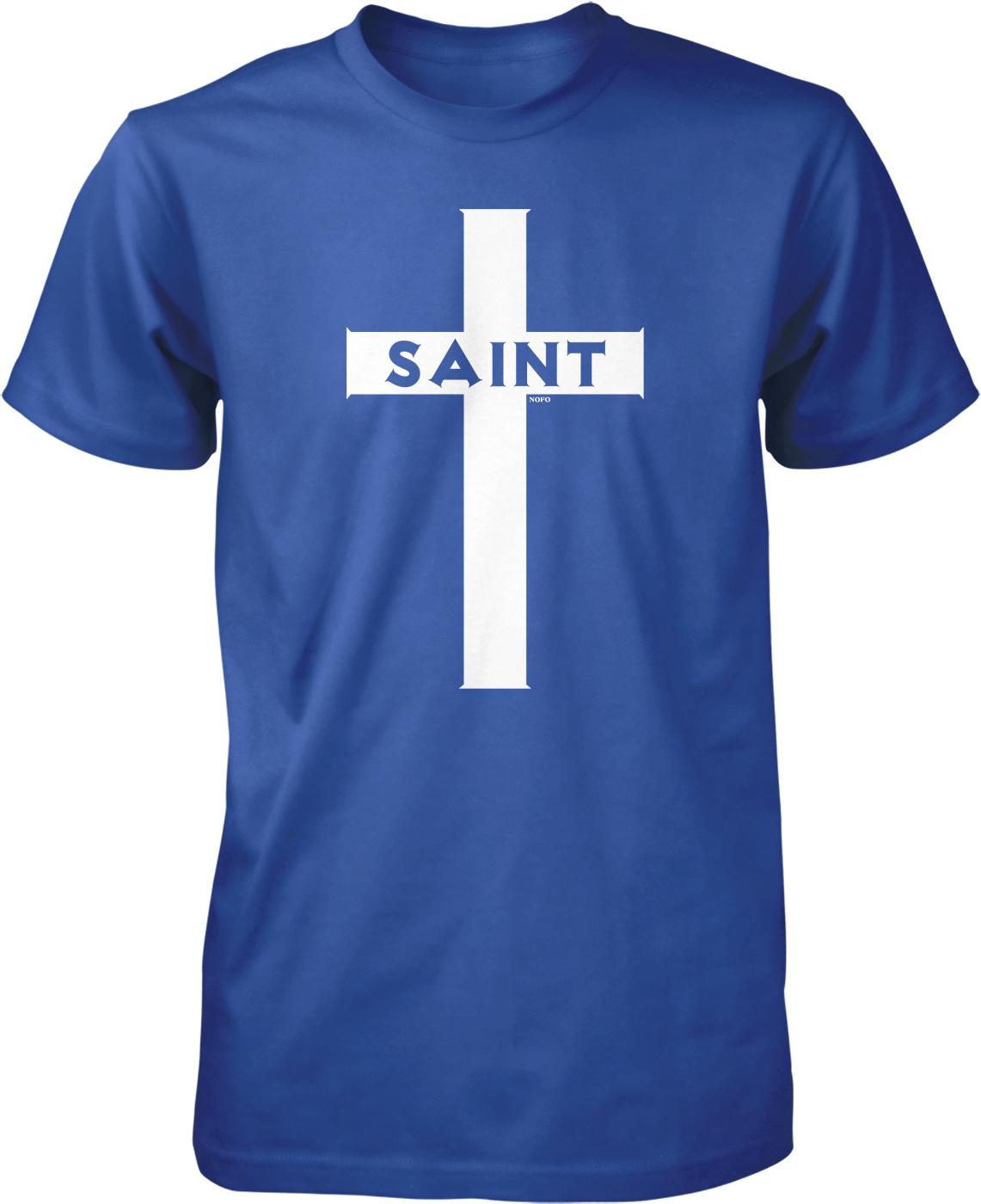 A blue t-shirt with a white cross and the word "SAINT" printed on it.