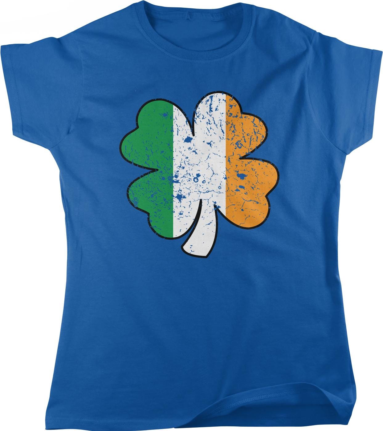 A blue t-shirt with a graphic design of a four-leaf clover, which is a symbol associated with Ireland.