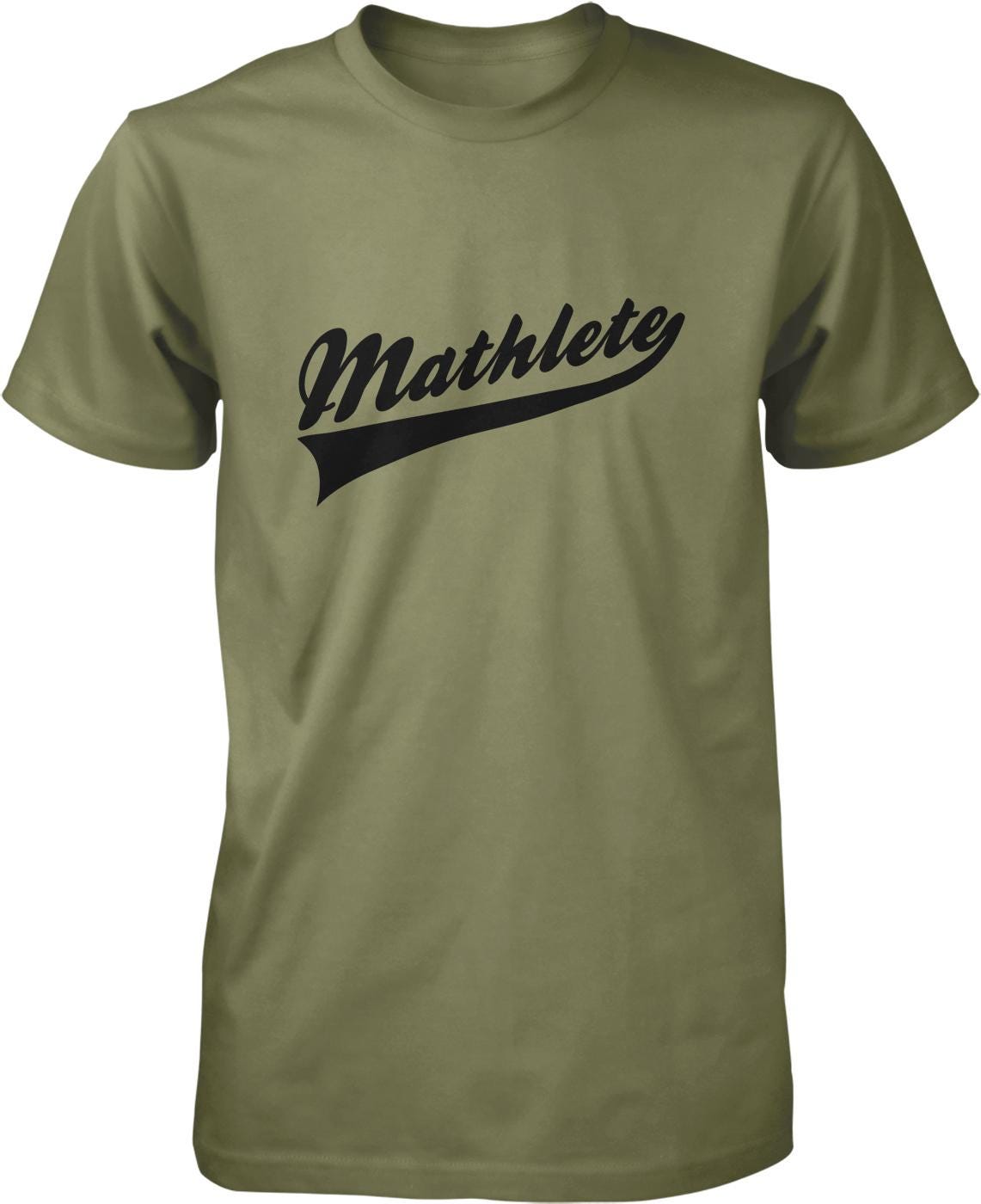A green t-shirt with the word "Mathlete" printed on it in a stylized font.