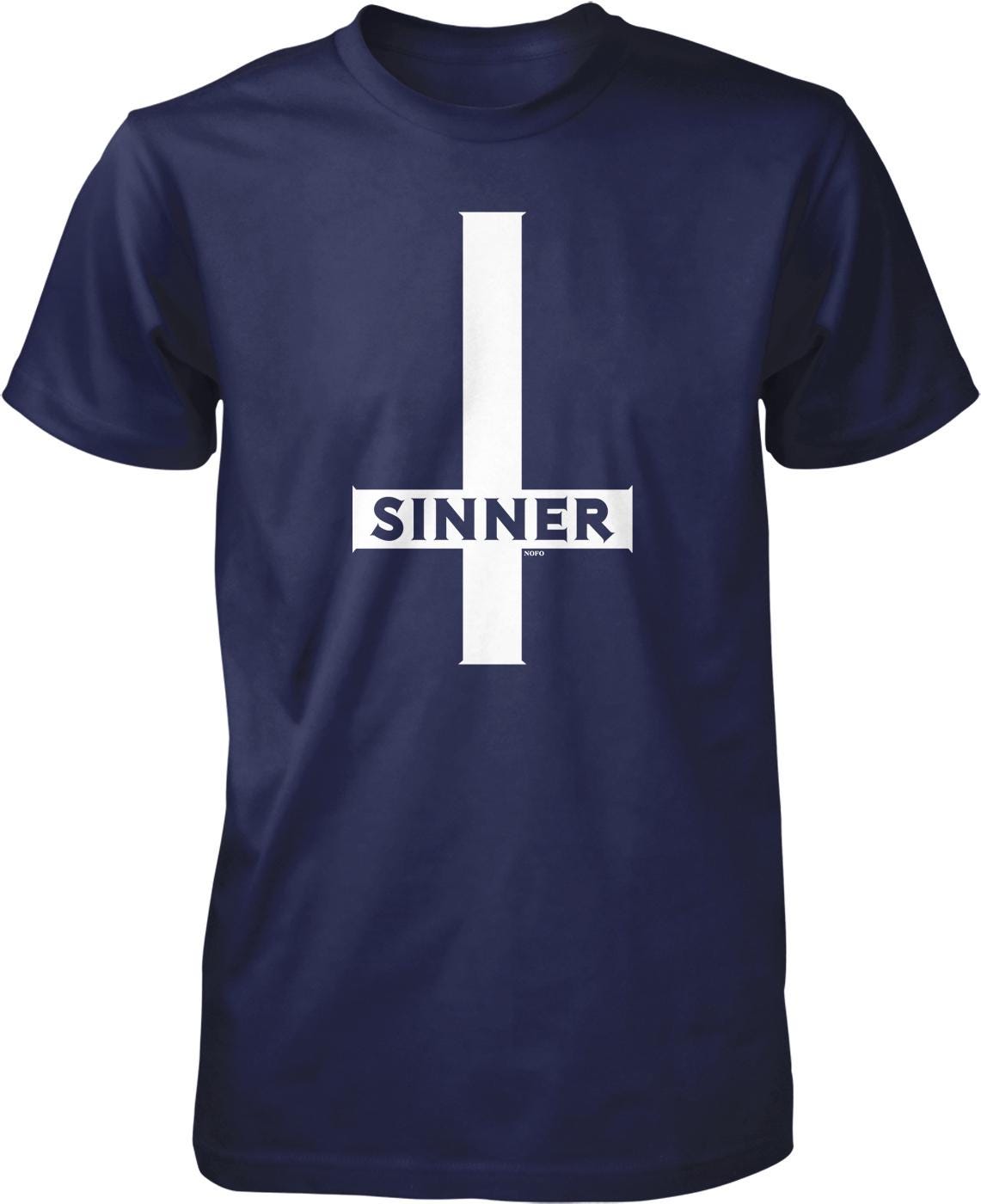 A navy blue t-shirt with a white graphic design on the front. The design consists of a large white cross with the word "SINNER" written below it.