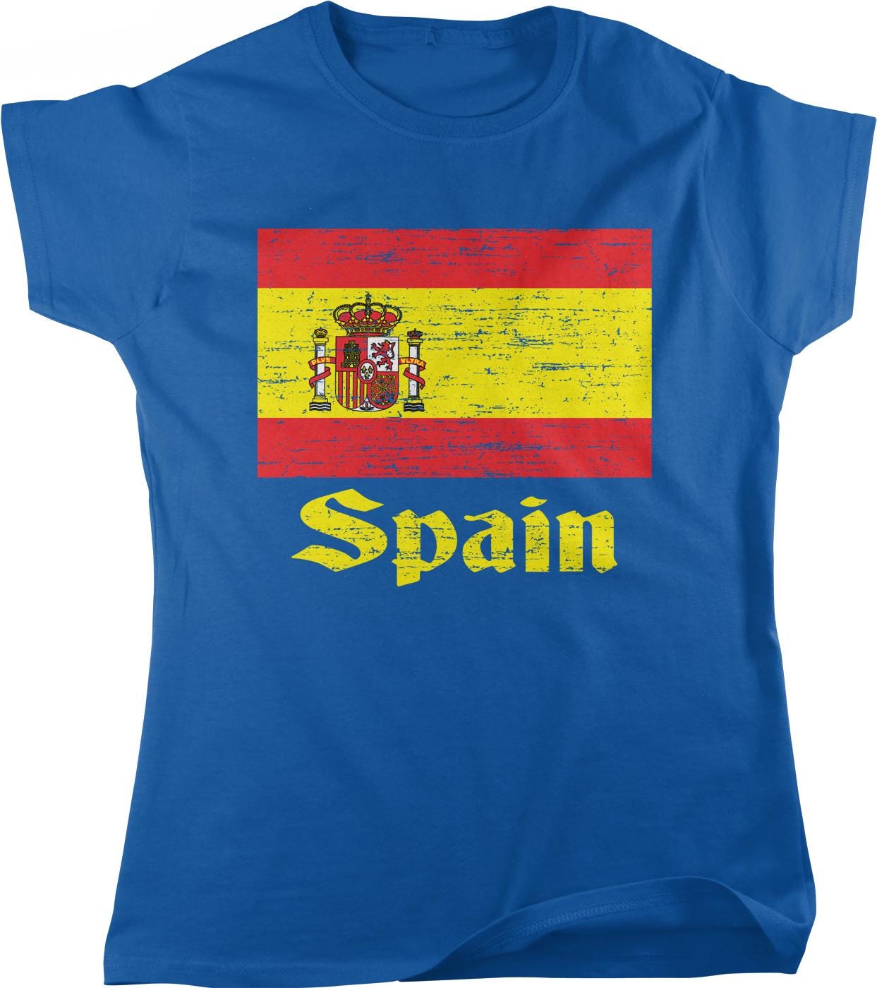 A blue t-shirt with the word "Spanish" printed on it, along with the flag of Spain.