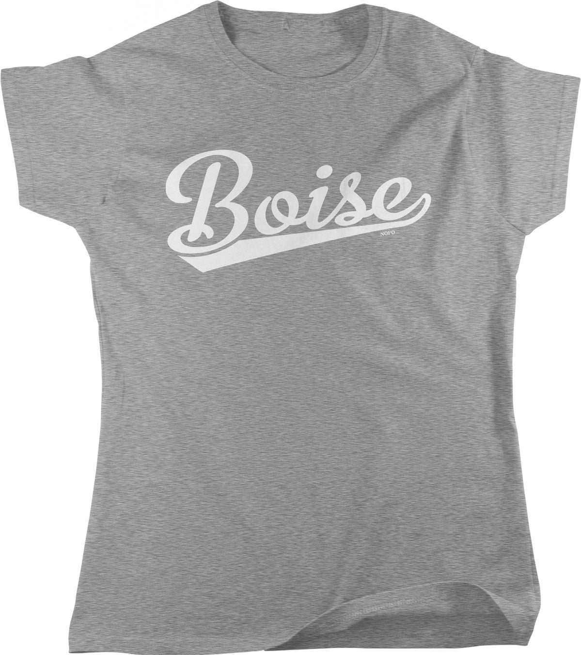A gray t-shirt with the word "Boise" printed on it in a cursive font.
