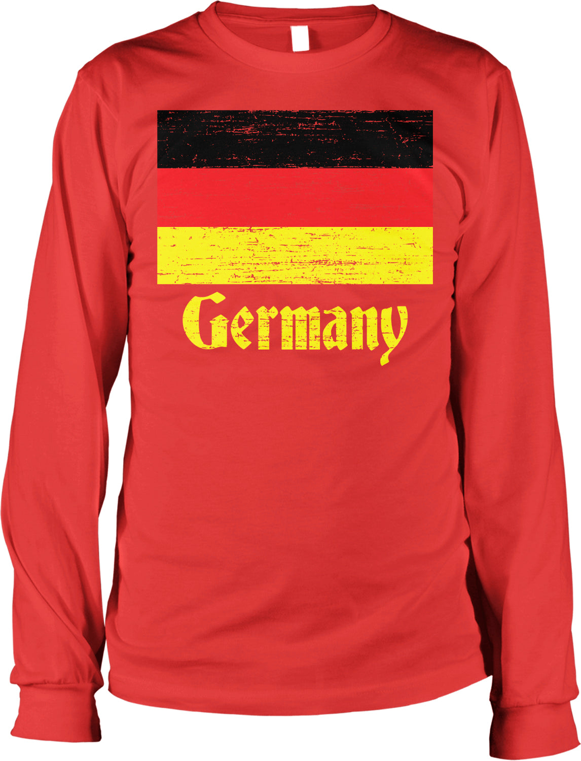 A red long-sleeved shirt with a graphic design depicting the German flag and the word "GERMANY" printed on it.