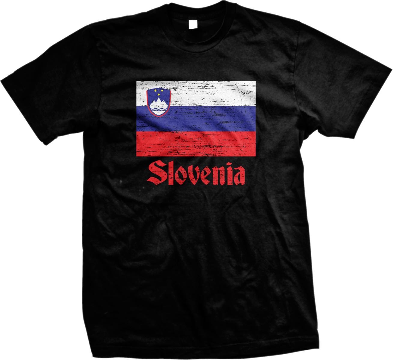 A black t-shirt with a graphic design featuring the flag of Slovenia and the word "Slovenia" printed on it.