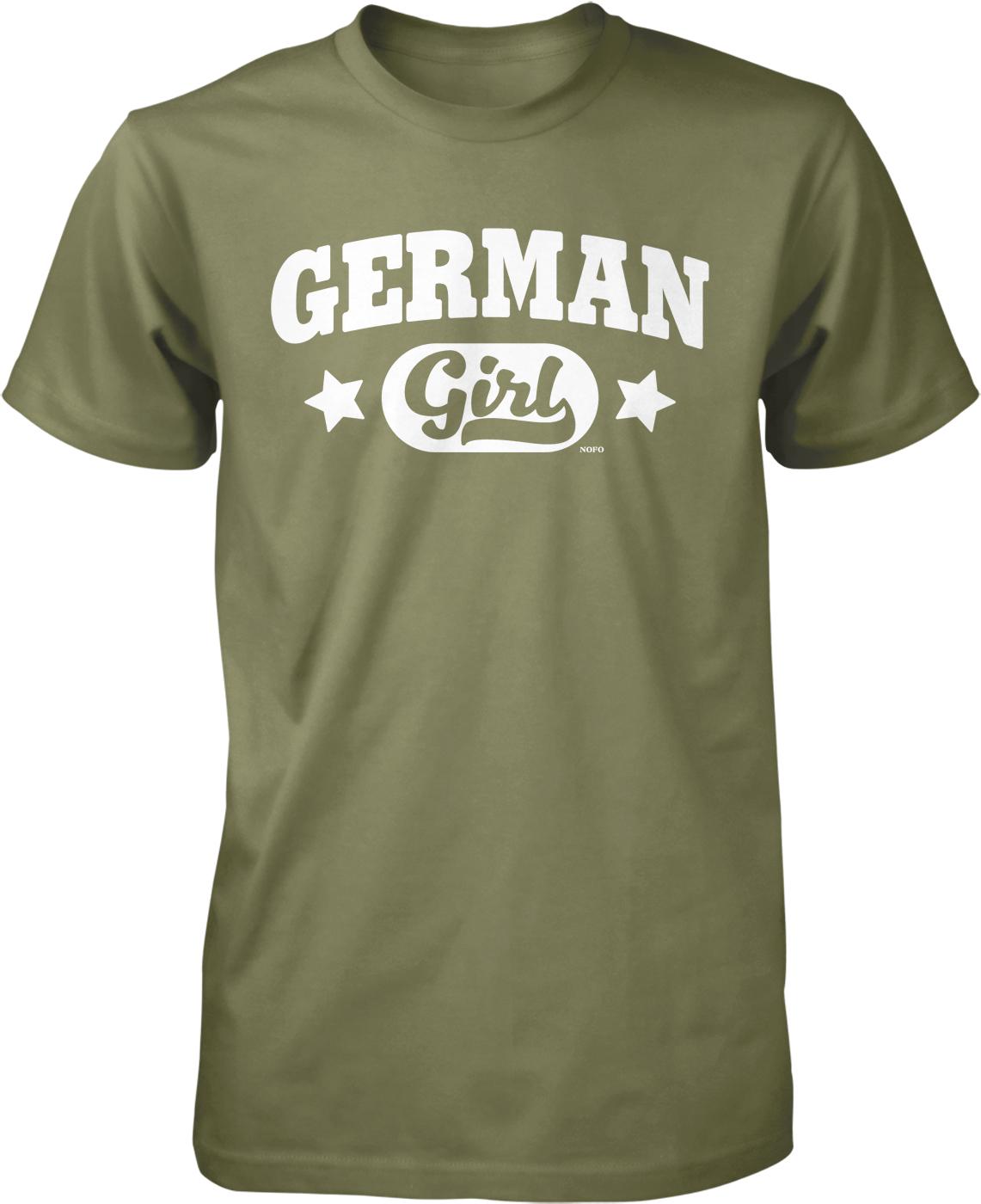 A green t-shirt with the text "GERMAN GIRL" printed on it.