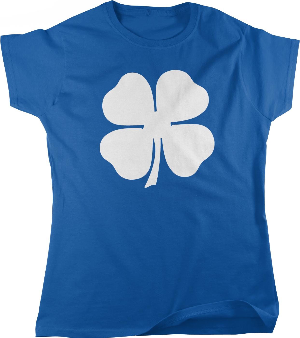 A blue t-shirt with a white four-leaf clover graphic printed on it.
