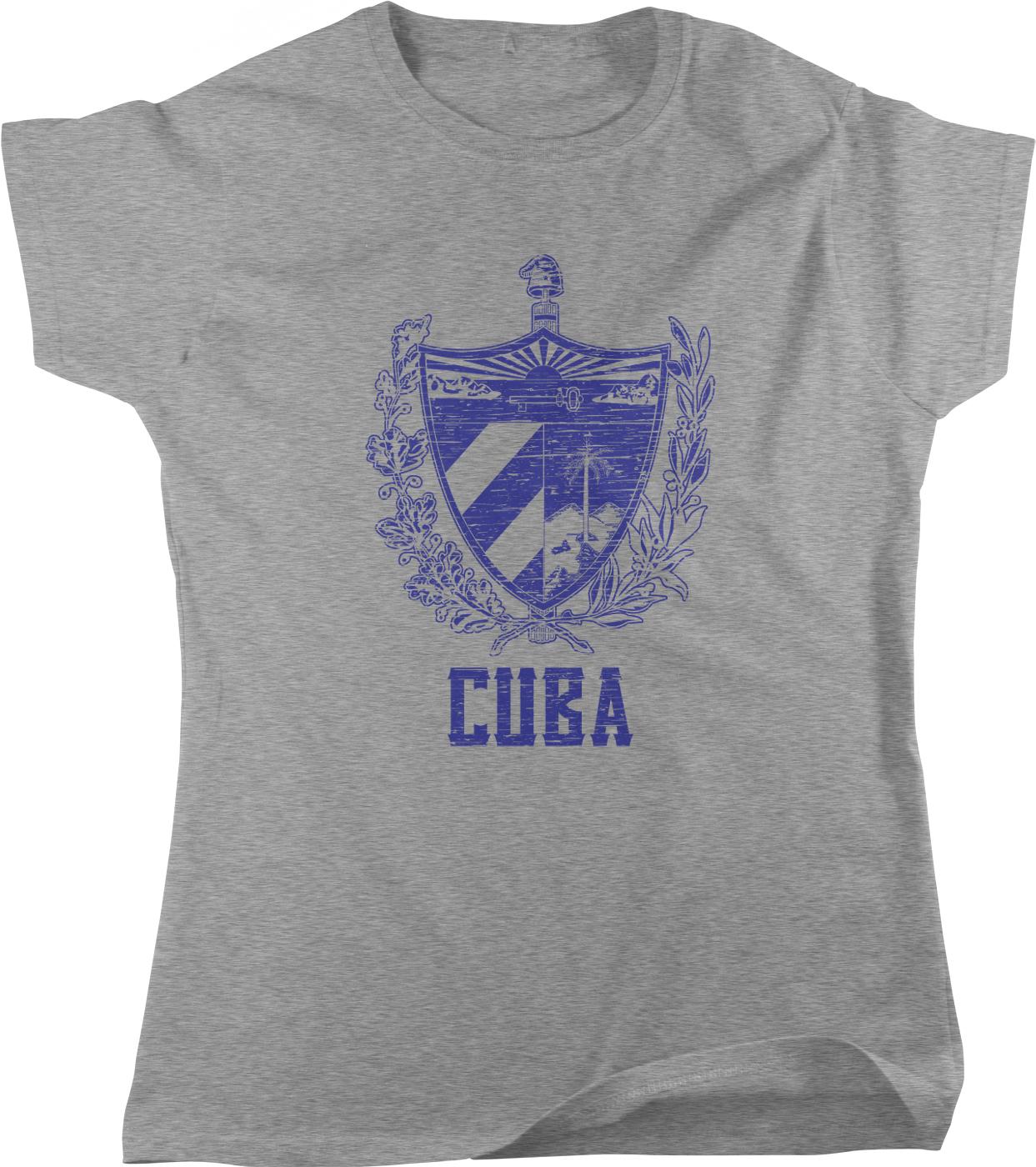 A gray t-shirt with a graphic design depicting a shield with a crest and the word "CUBA" written below it.