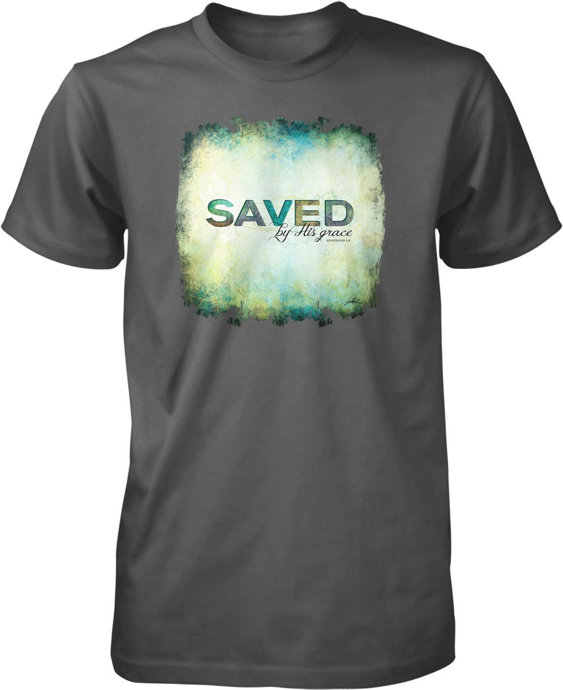 A gray t-shirt with a graphic design featuring the text "SAVED by His grace" in a stylized font.