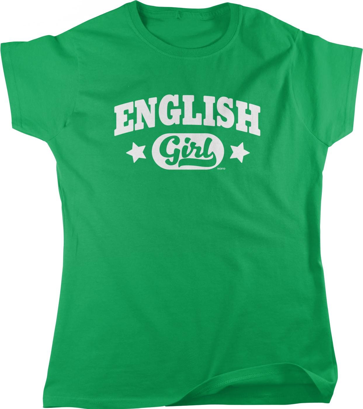 A bright green t-shirt with the text "English Girl" printed on it.