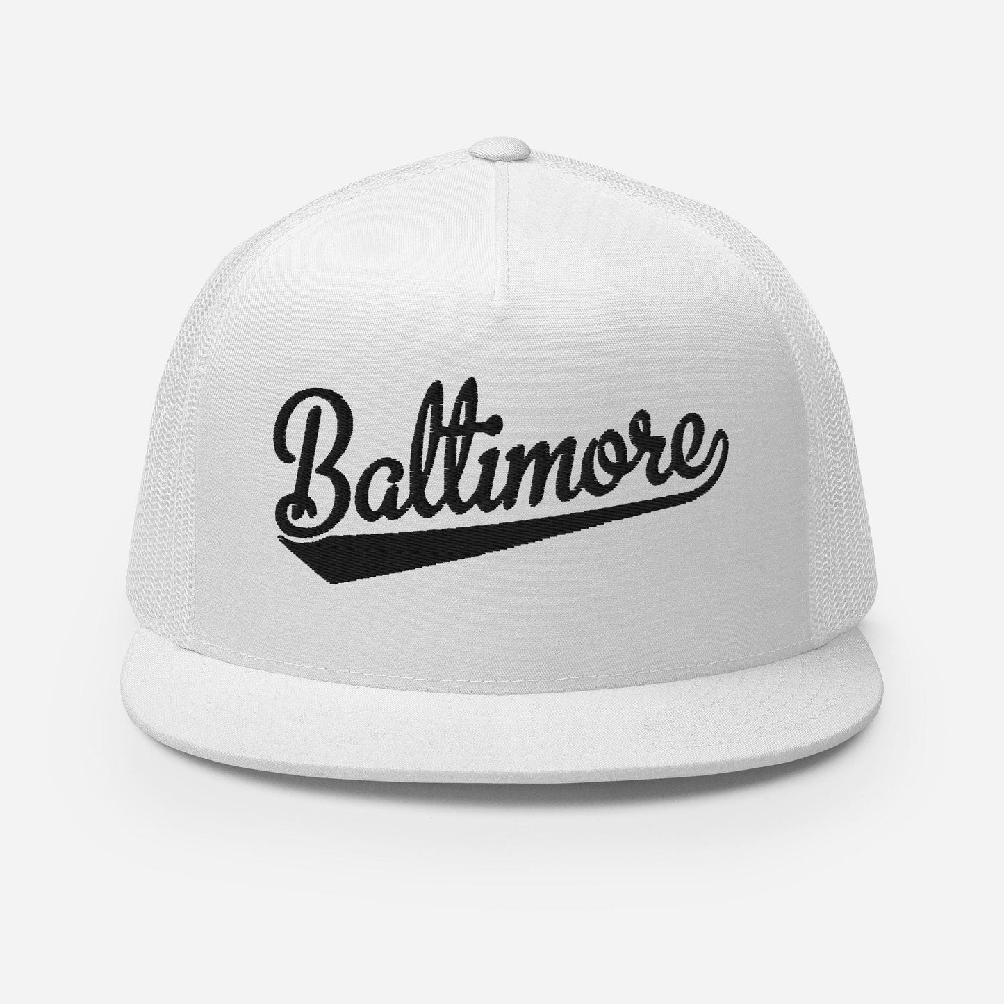 A white baseball cap with the word "Baltimore" printed on it in a stylized font.