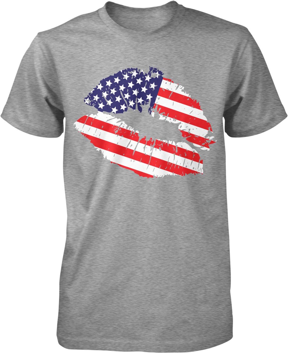 A gray t-shirt with a graphic design depicting a pair of lips with the American flag pattern.
