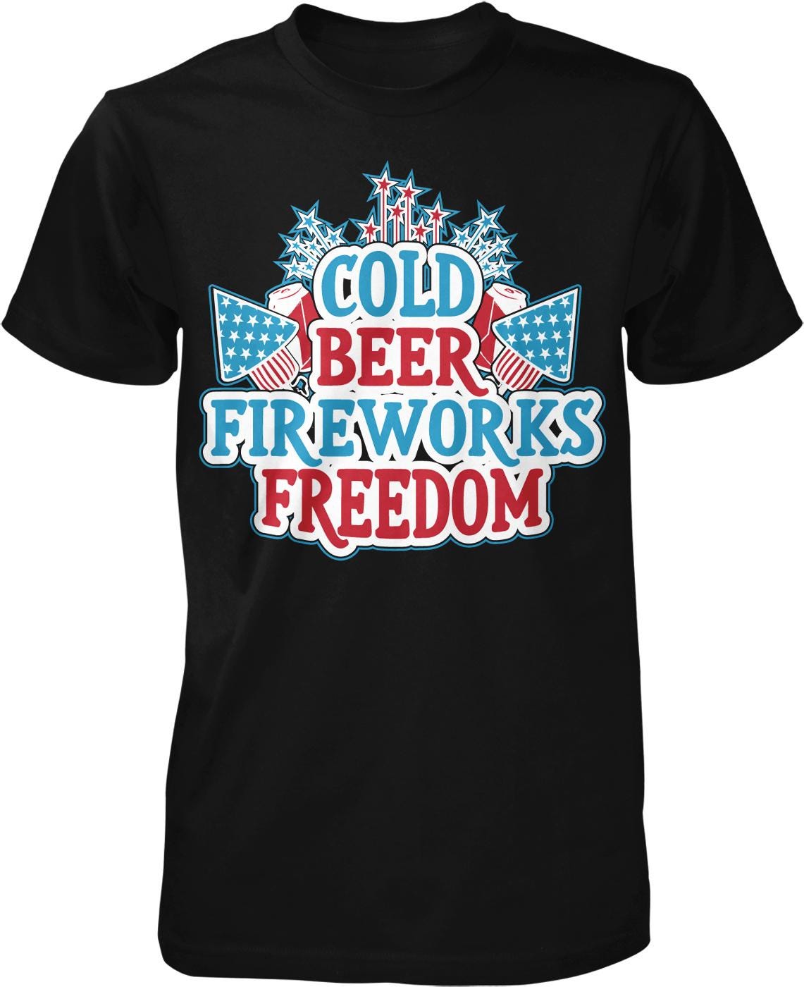 A black t-shirt with a graphic design featuring the text "COLD BEER FIREWORKS FREEDOM" surrounded by fireworks and stars.