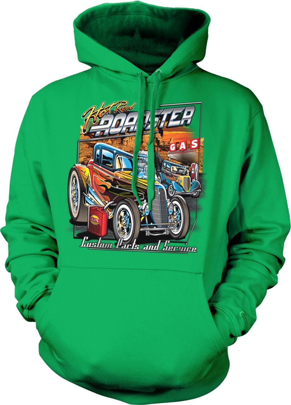 A green hoodie with a graphic design featuring a vintage car and the text "Hot Rodster" and "GAS" printed on it.