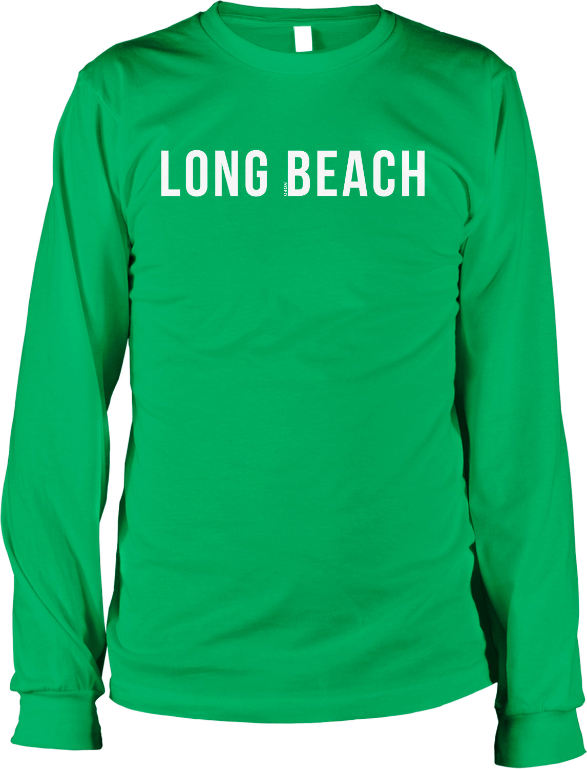 A bright green long-sleeved shirt with the text "LONG BEACH" printed on it.