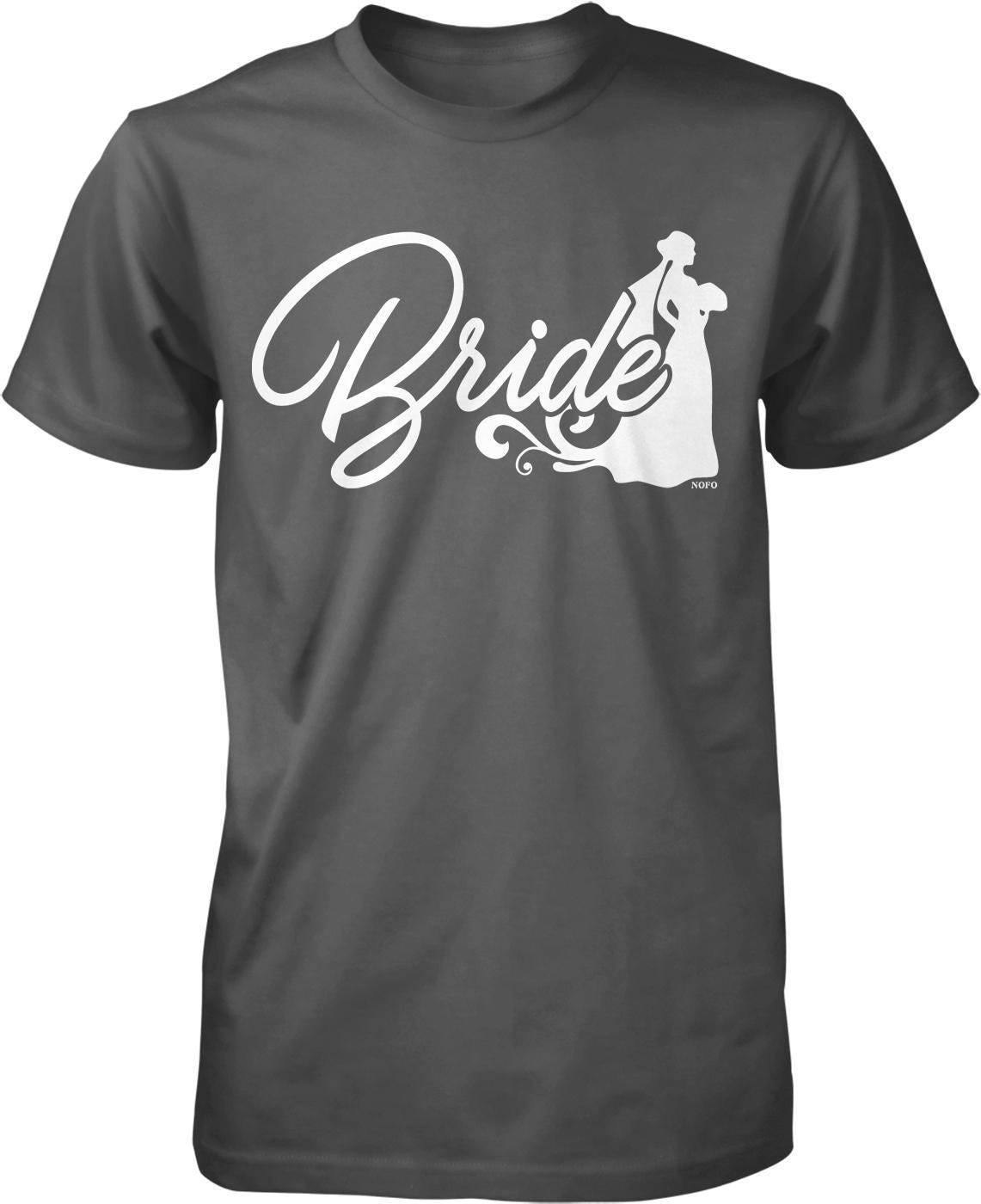 A gray t-shirt with the word "Bride" printed in white cursive text.