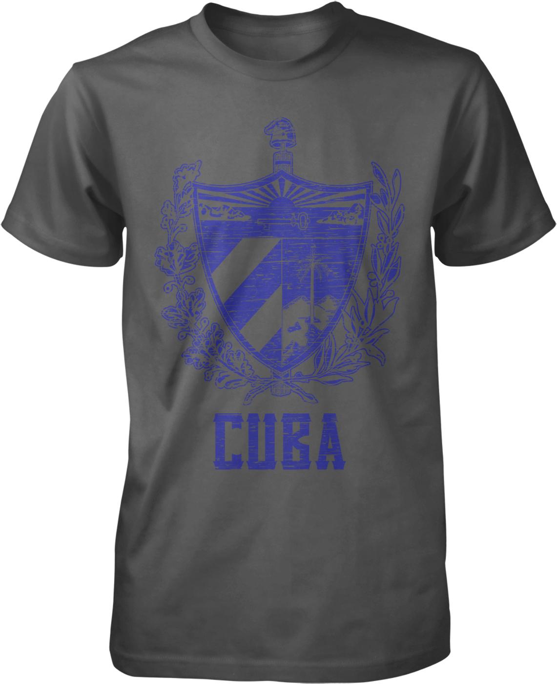 A gray t-shirt with a blue graphic design depicting a shield with a sword and laurel wreath, along with the word "CUBA" printed below.