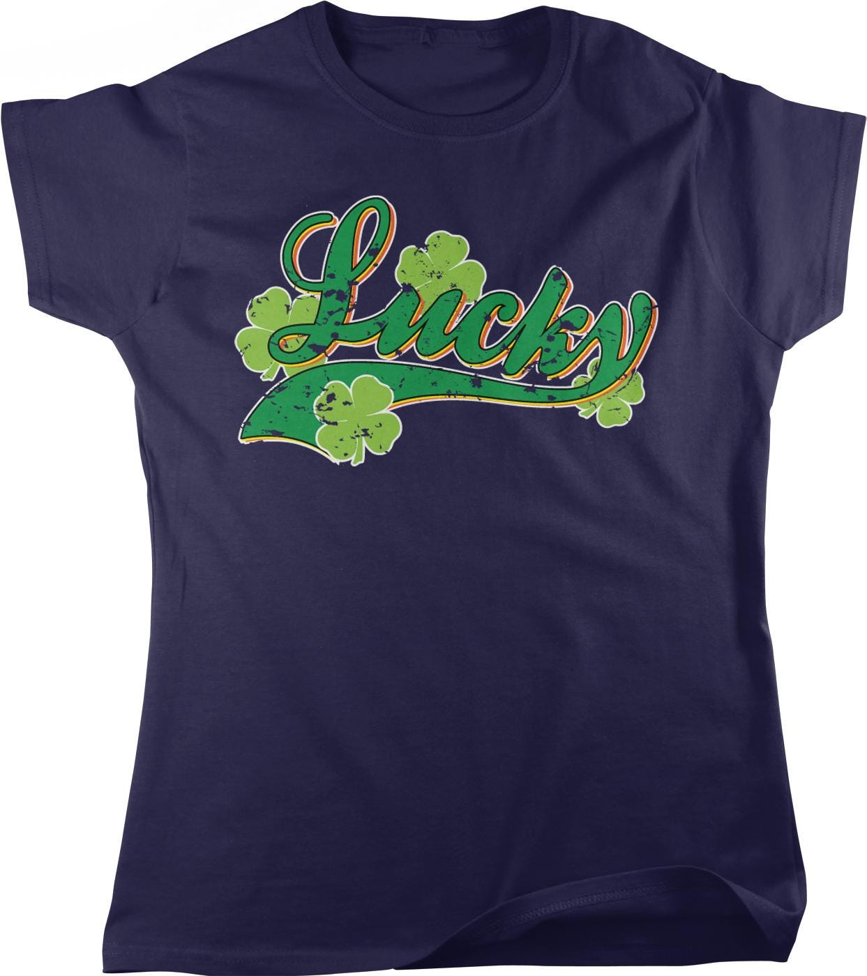 A navy blue t-shirt with a graphic design featuring the word "Lucky" surrounded by green shamrocks.