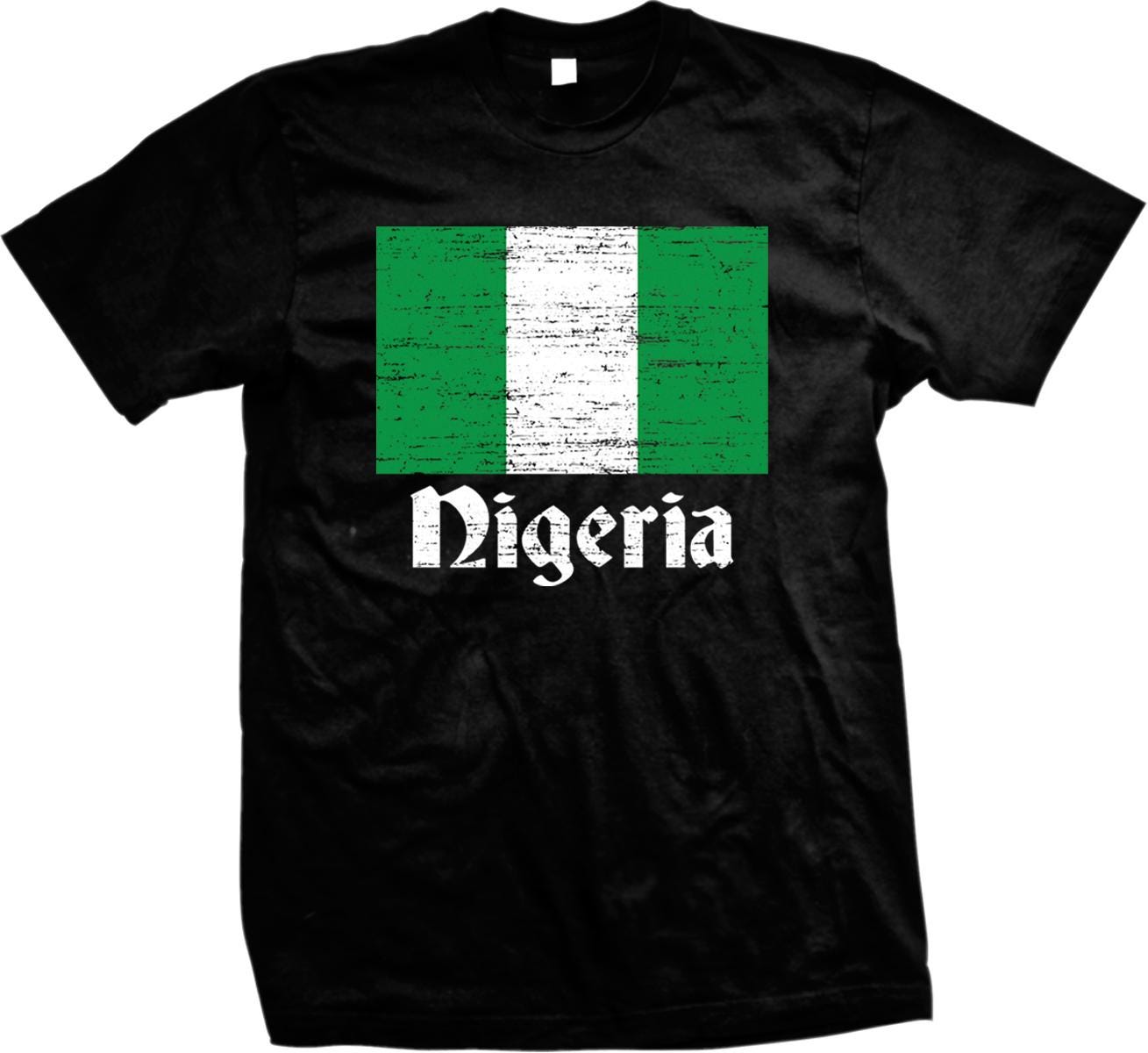 A black t-shirt with a graphic of the Nigerian flag and the word &quot;Nigeria&quot; printed on it.