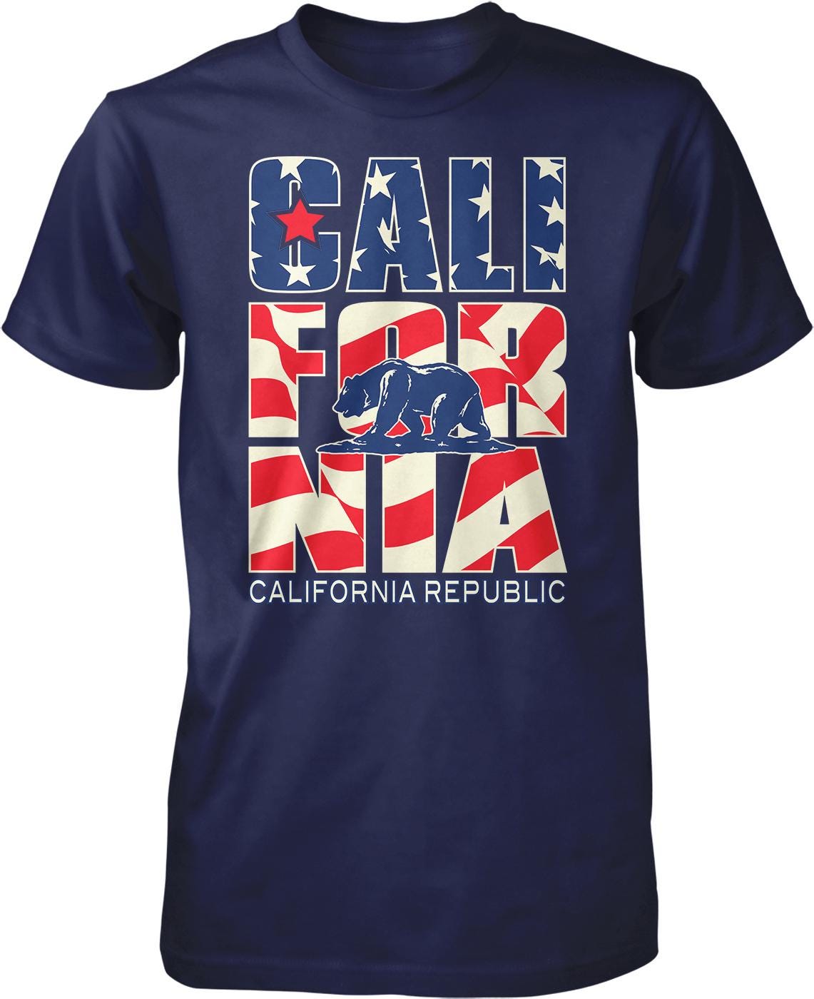 A dark blue t-shirt with the text "CALIFORNIA REPUBLIC" and an image of a bear, along with the American flag design.