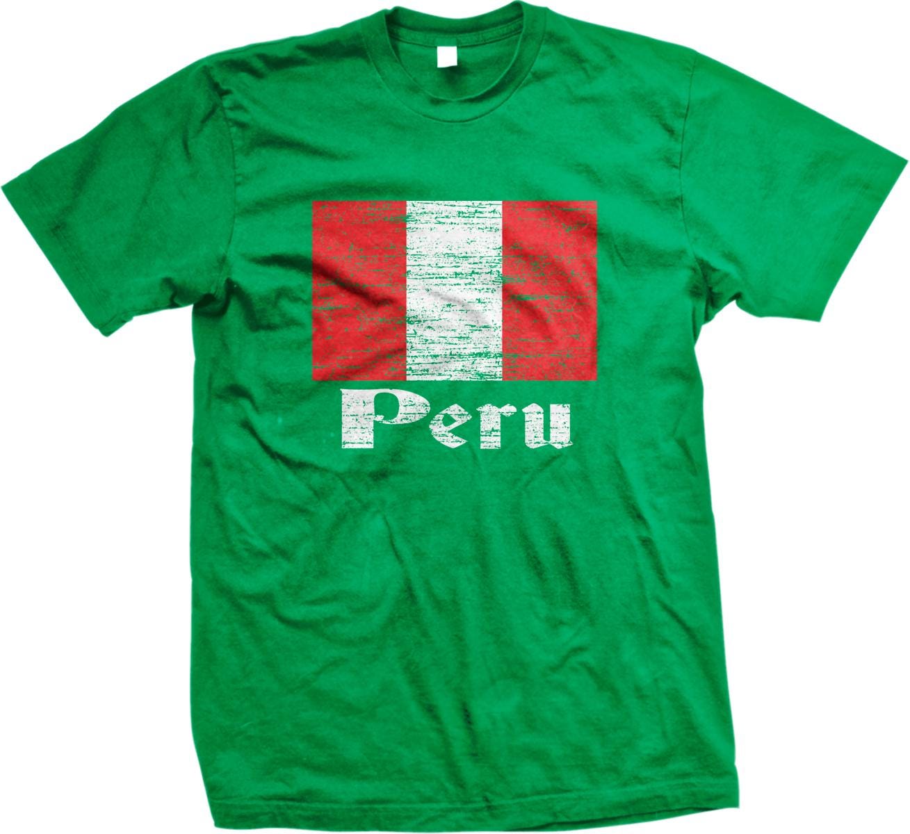 A green t-shirt with a graphic of the Peruvian flag and the word "Peru" printed on it.