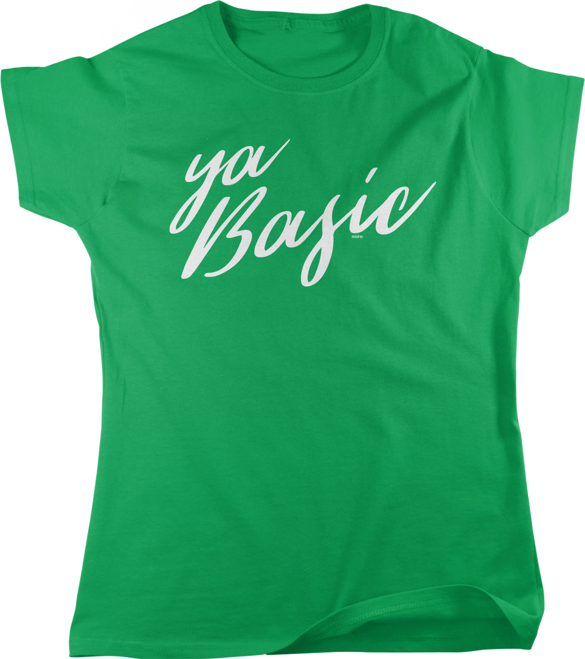 A bright green t-shirt with the text "ya Basic" printed on it.