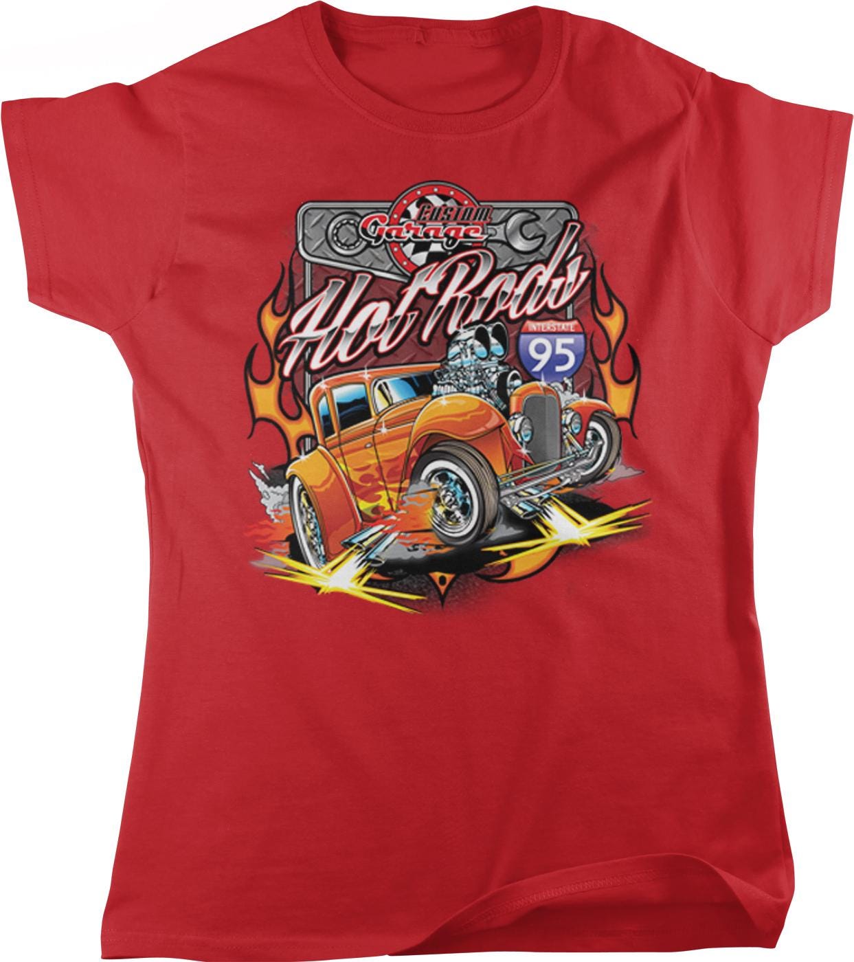 A red t-shirt with a graphic design featuring a vintage car with flames and a racing engine, along with the text "Hot Wheels 95".