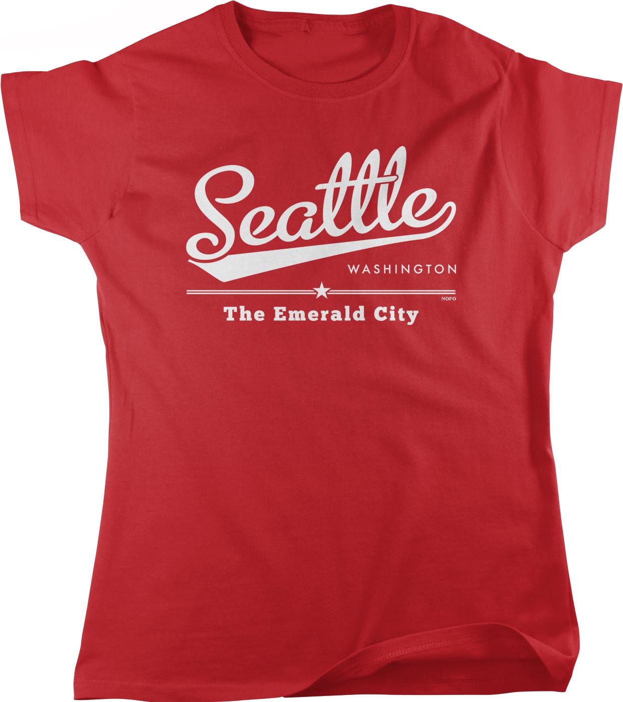 A red T-shirt with white text and graphics printed on it.