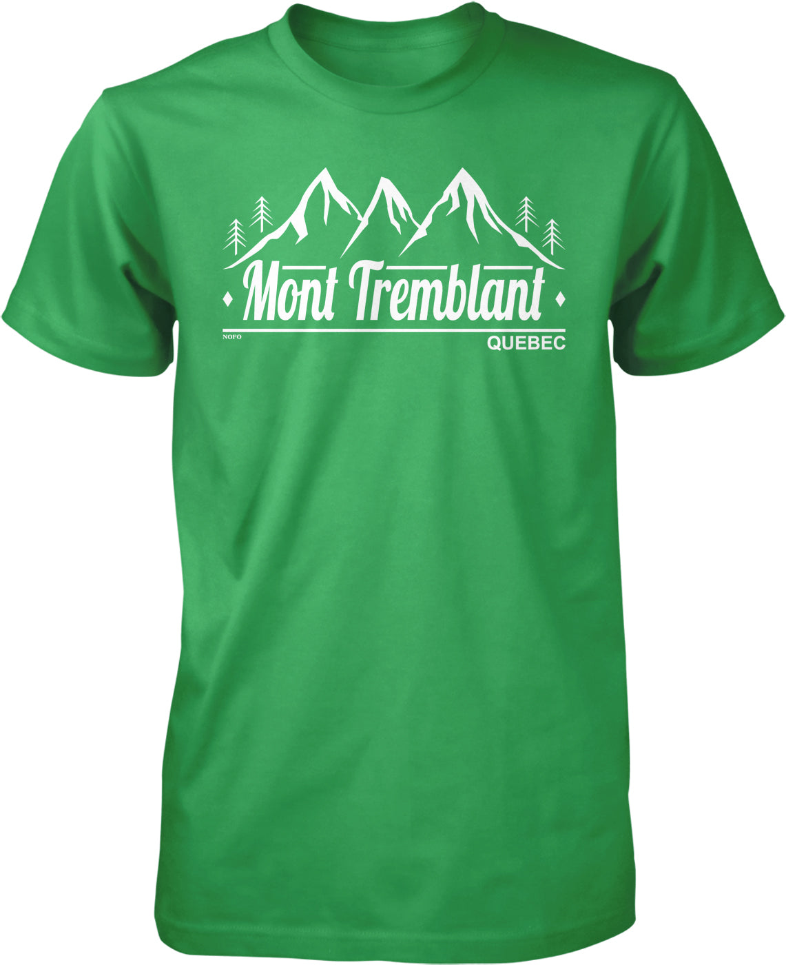 A green t-shirt with a graphic design featuring a mountain range and the text "Mont Tremblant" and "Quebec" printed on it.