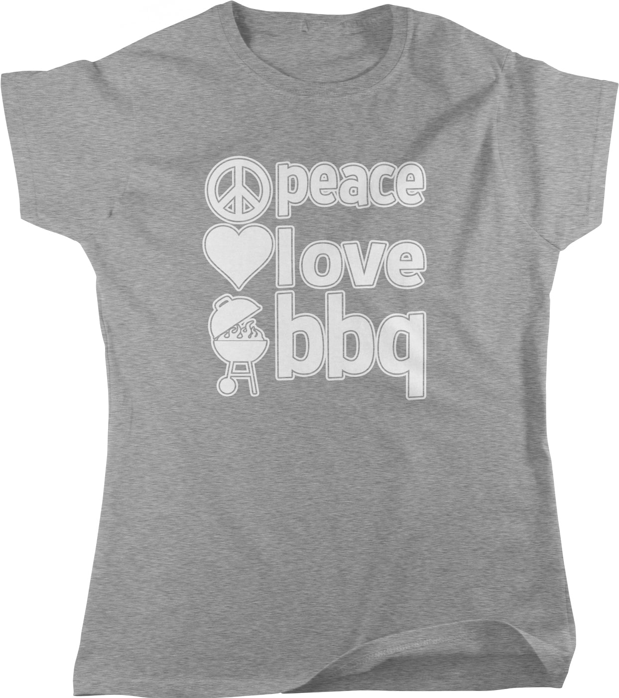 A gray t-shirt with the text "Peace, Love, BBQ" printed on it.