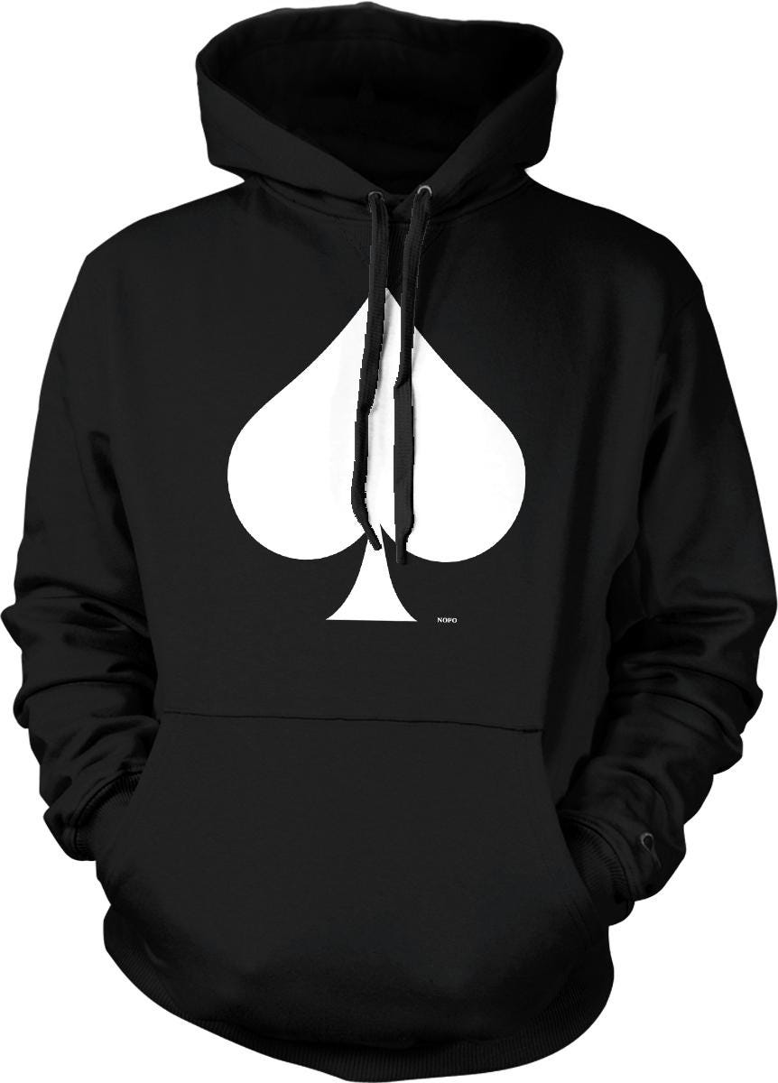 A black hoodie with a white graphic of a spade on the front.
