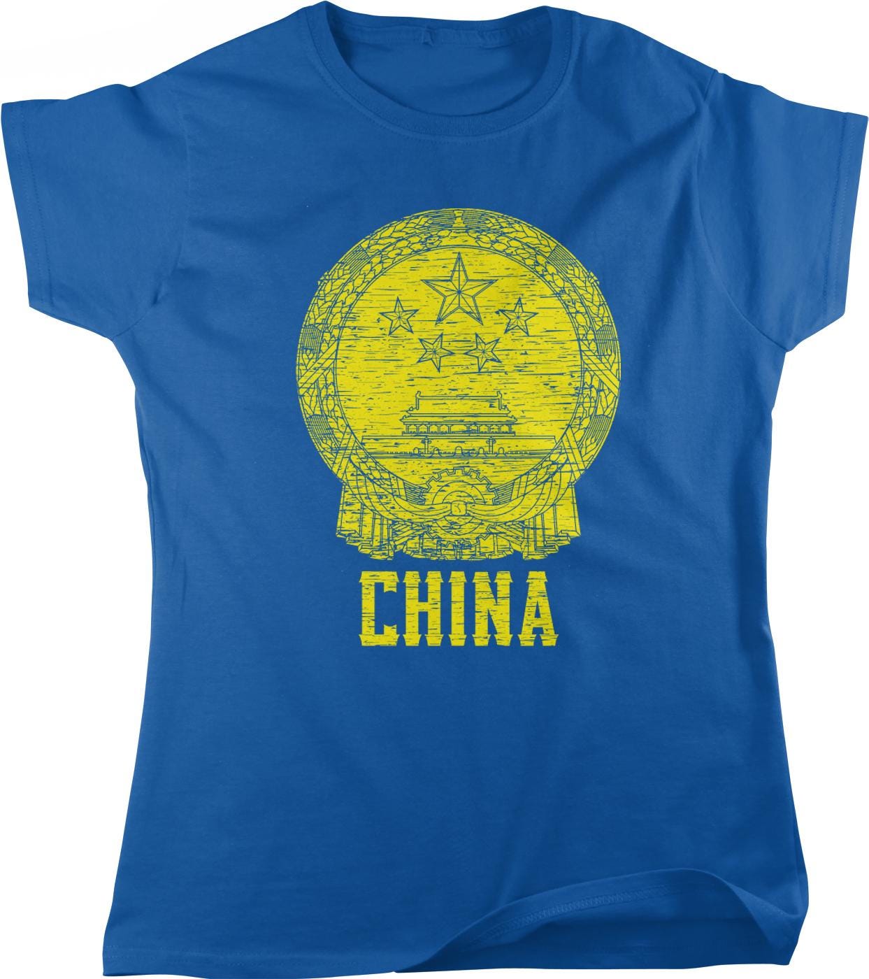A blue t-shirt with a yellow graphic design depicting a coat of arms or emblem, along with the word "CHINA" written below it.