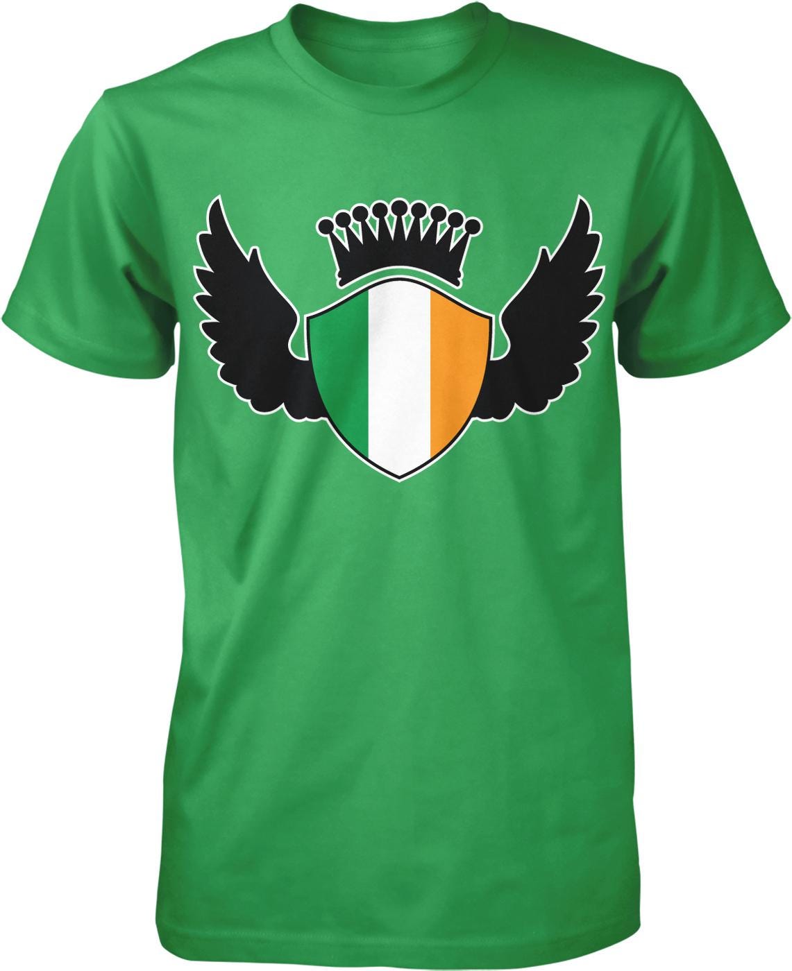 A green t-shirt with a shield design featuring a crown and wings.