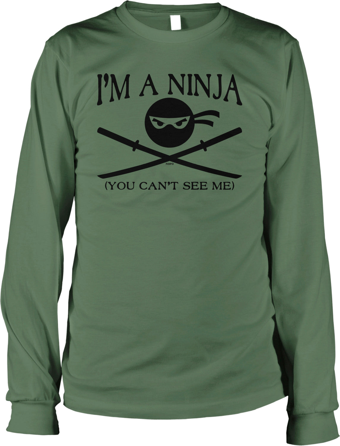 A green long-sleeved t-shirt with a graphic design featuring a black circle with a face and crossed swords, accompanied by the text "I'M A NINJA (YOU CAN'T SEE ME)"