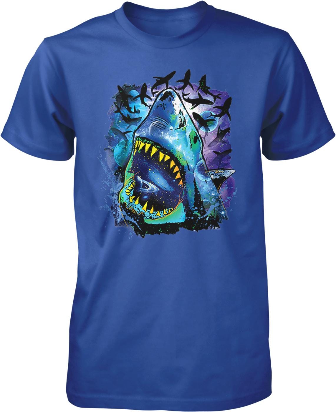 A blue t-shirt with a graphic design depicting a shark with its mouth open, surrounded by colorful and abstract elements.