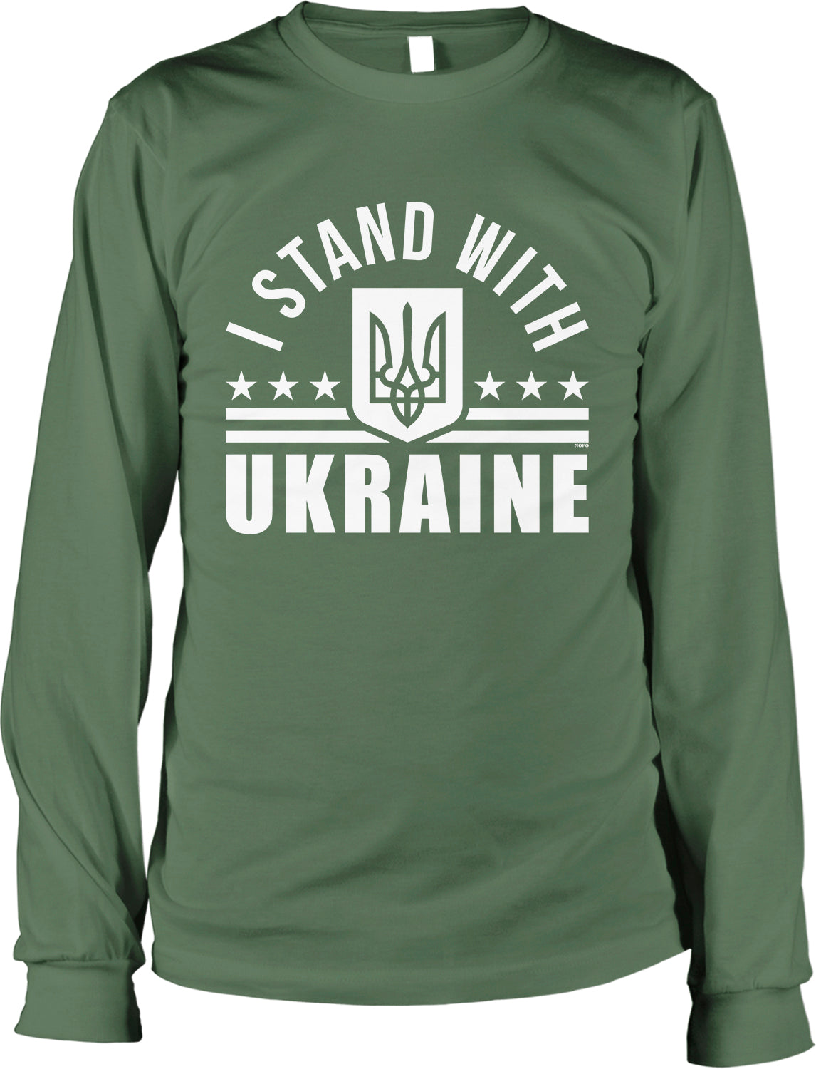 A green long-sleeved t-shirt with the text "I STAND WITH UKRAINE" printed on it.