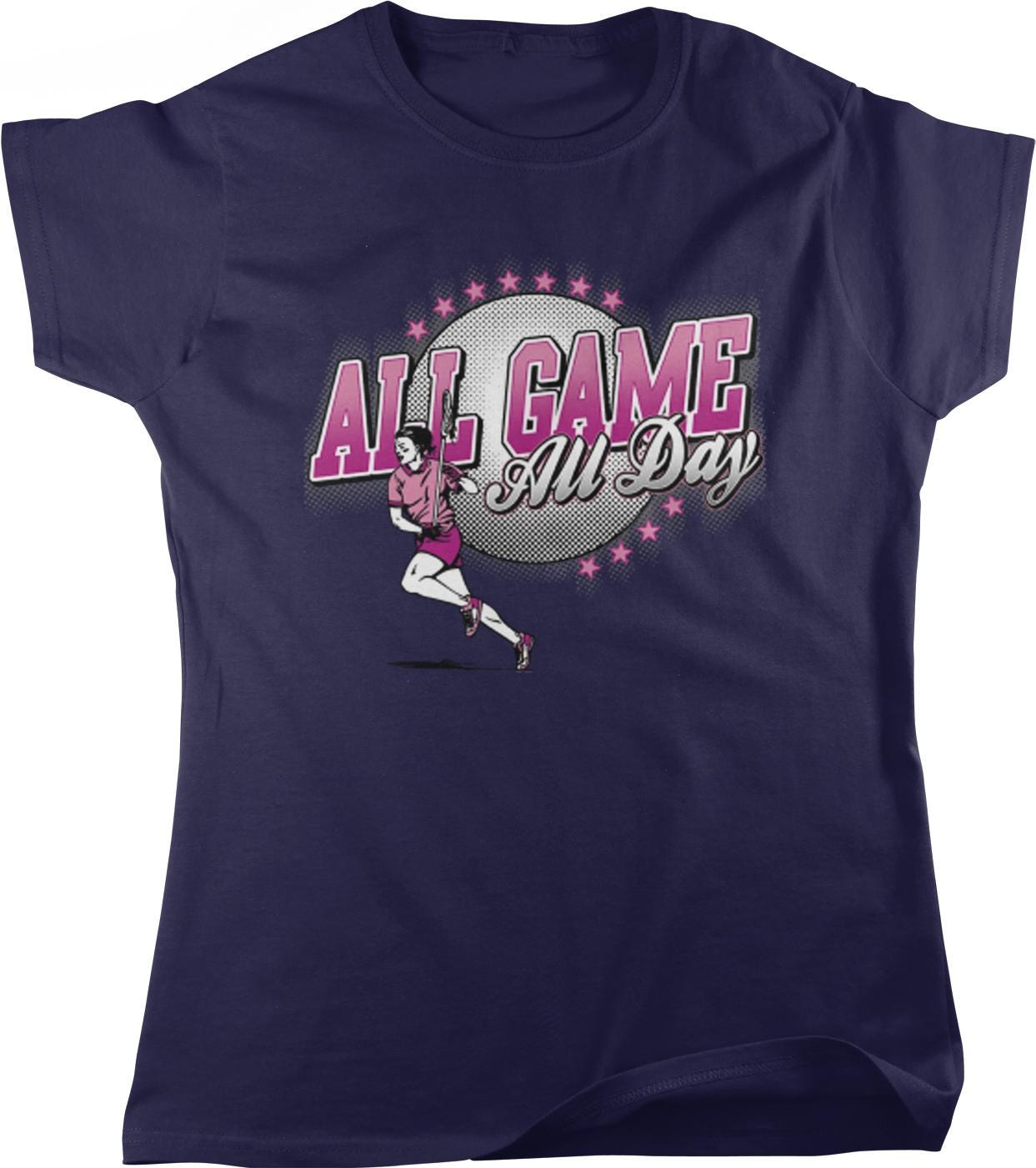 The image is a graphic design on a dark blue t-shirt featuring a woman running and the text "All Game All Day" in a stylized font.
