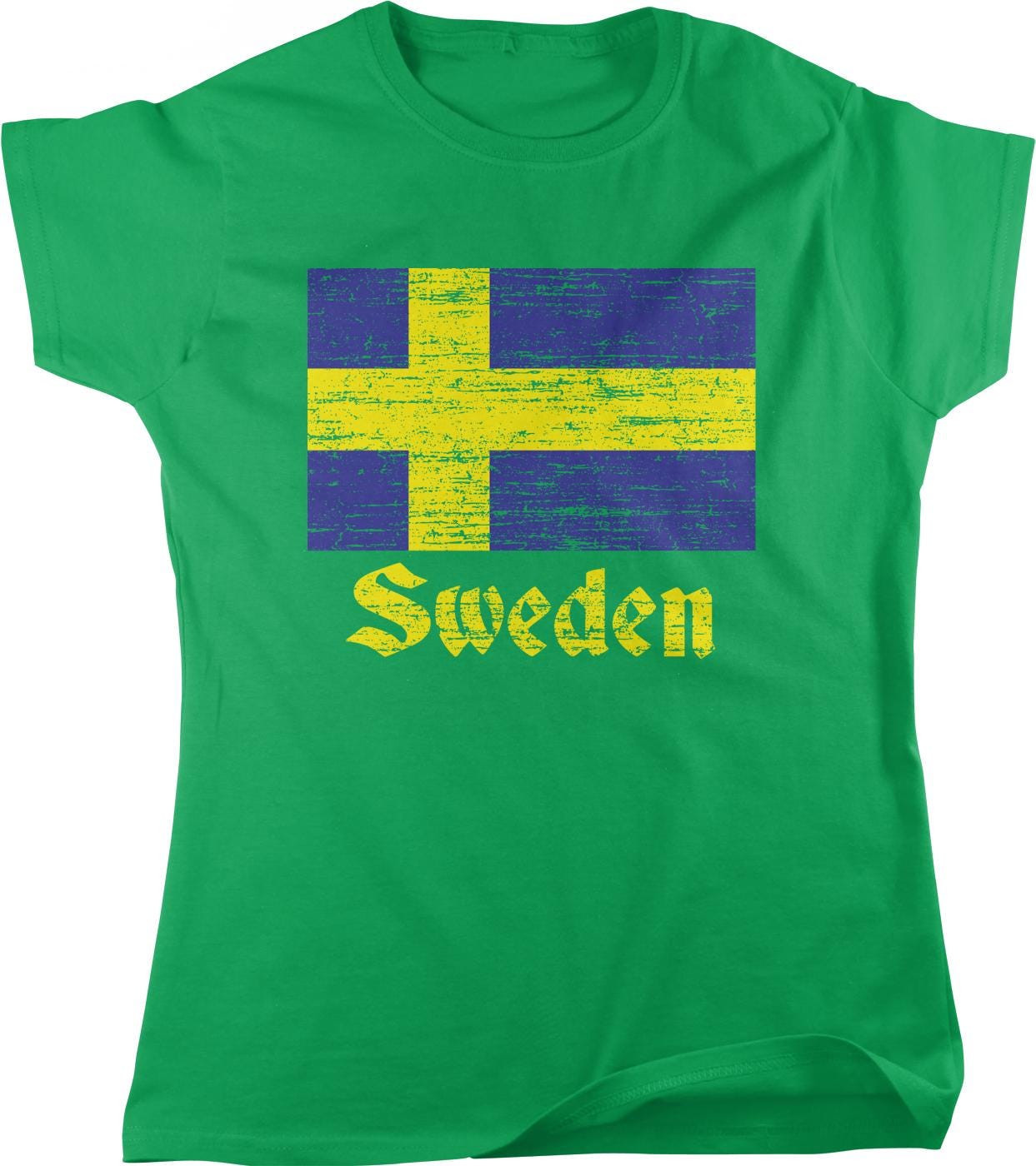 A green t-shirt with a graphic of the Swedish flag and the word "Sweden" printed on it.