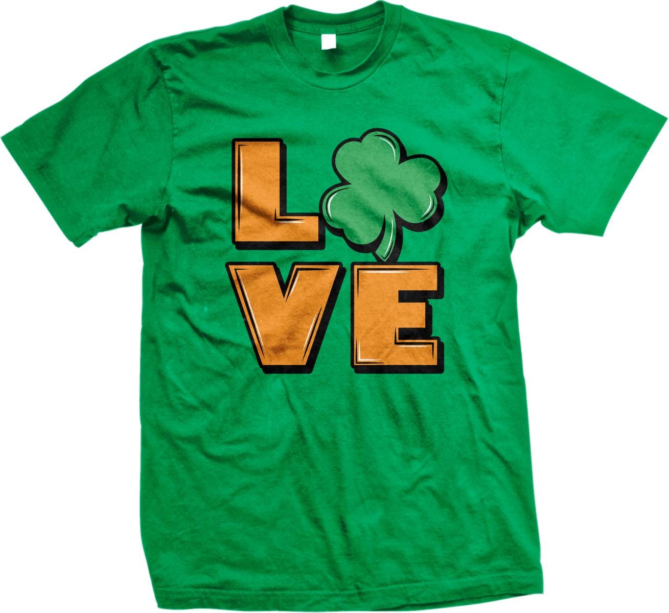 A green t-shirt with the word "LOVE" and a clover graphic printed on it.
