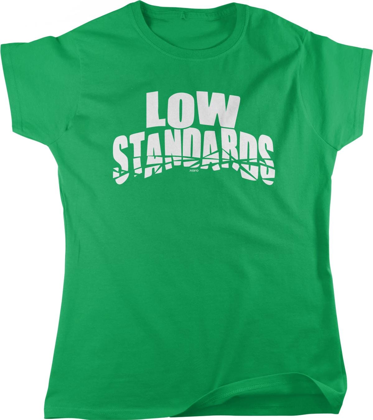 A green t-shirt with the text "LOW STANDARDS" printed on it in white letters.