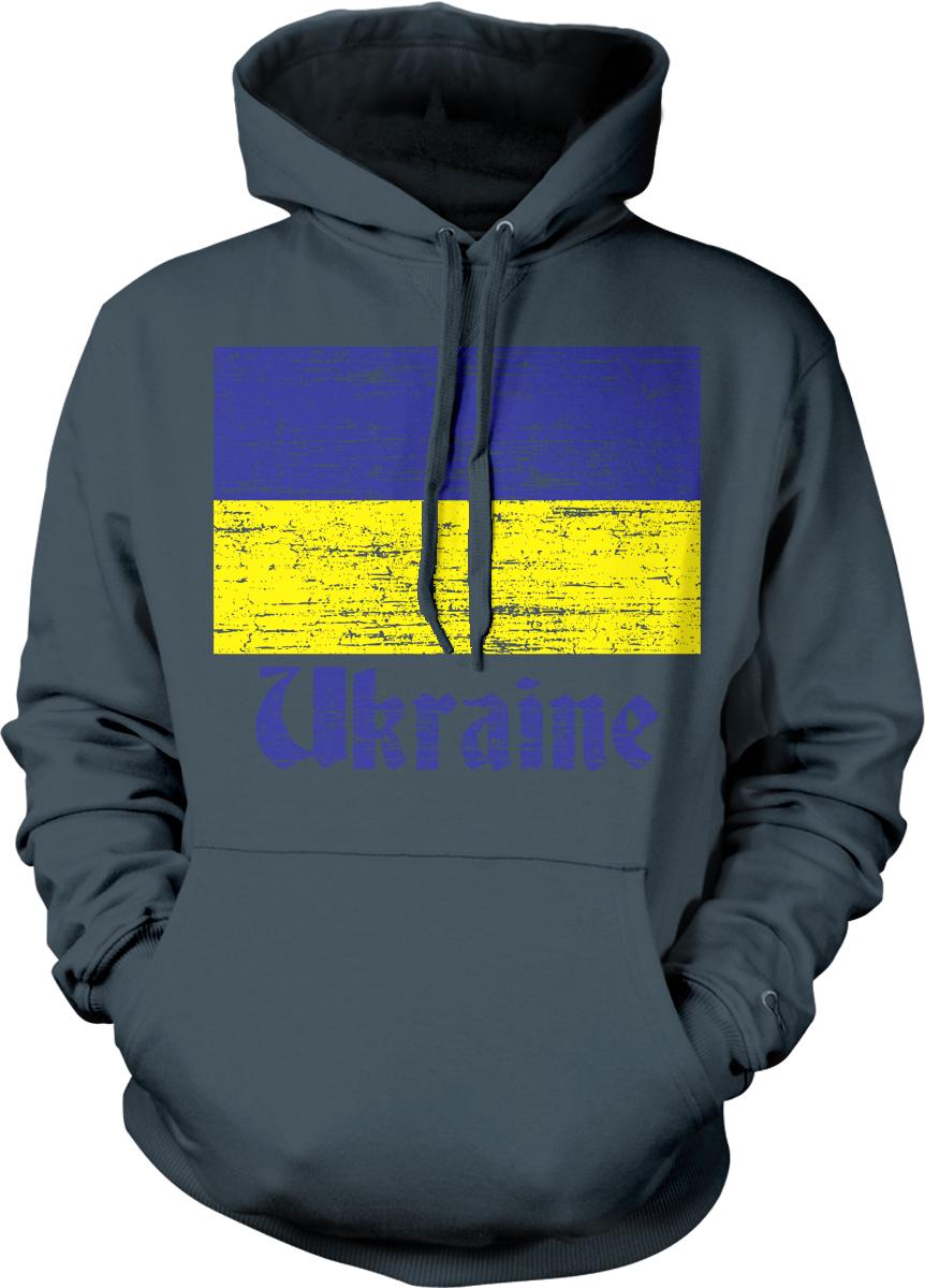 A grey hoodie with a graphic design featuring the word "Ukraine" in blue text on a yellow and blue background.
